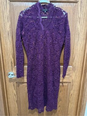 MARINA Deep Purple Lace Long Sleeve Dress